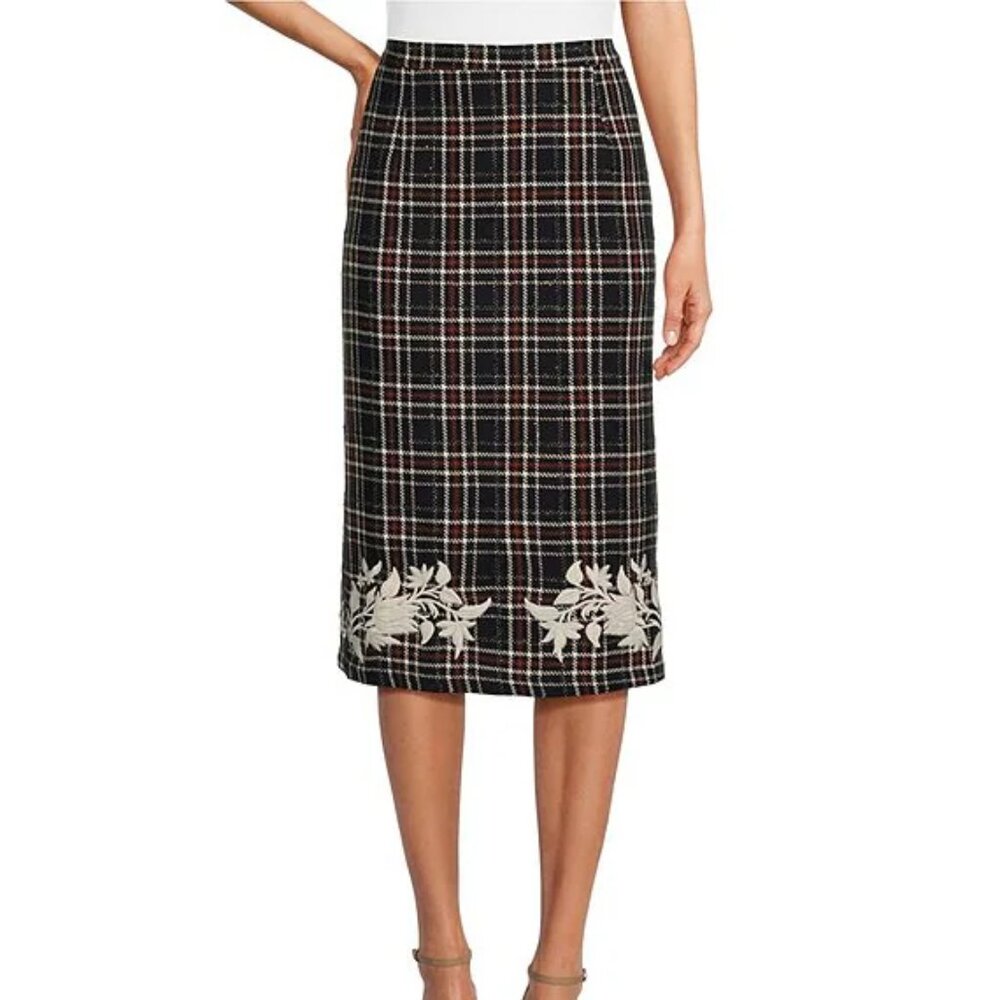 NWT Fanm Mon S Navy Plaid Tweed Floral Embroidered High Waist Pencil Midi Skirt
